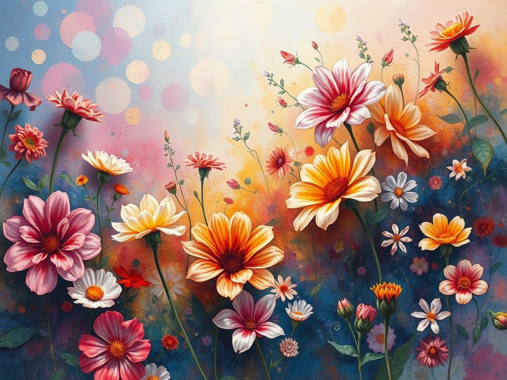 Vibrant Floral Landscape in Mixed Media Art
