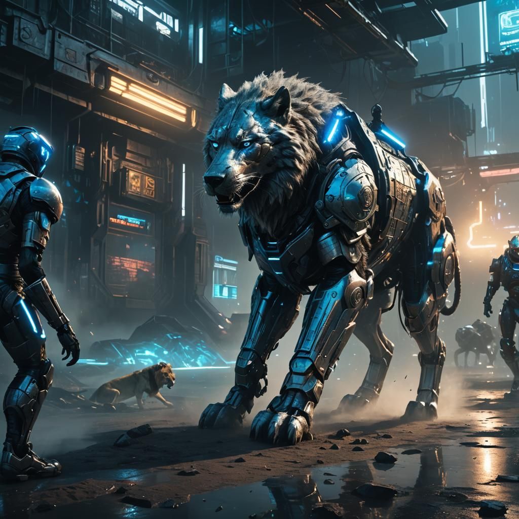 Cyberpunk King Wolf Hunts Lion in Sci-Fi City