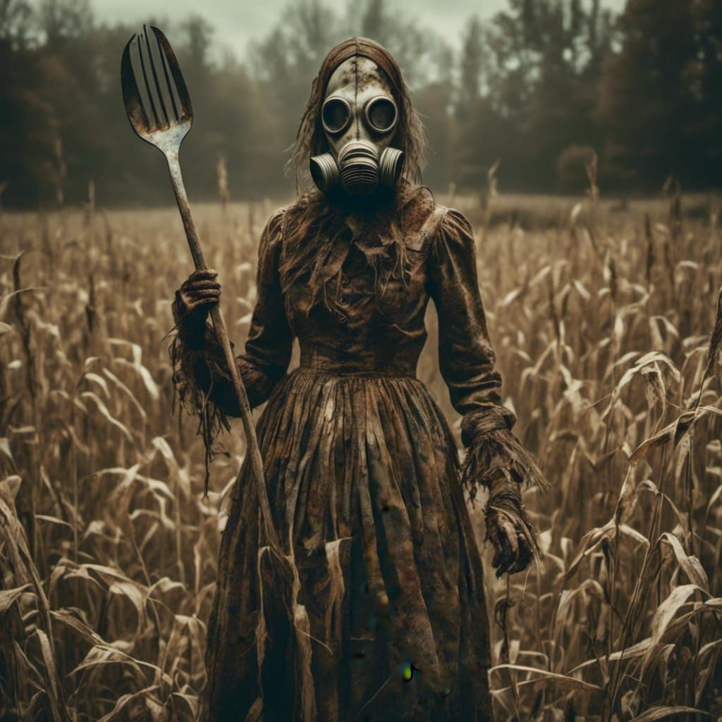 Macabre Farm Horror: Woman with Pitchfork
