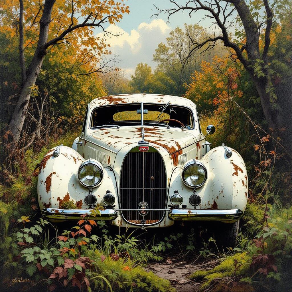 Moss-Covered Ruined Bugatti Atlantic in Overgrown Field