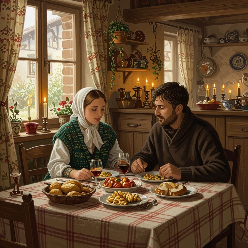 Family Gathering Around Table in Warm Room, Child in Doorway