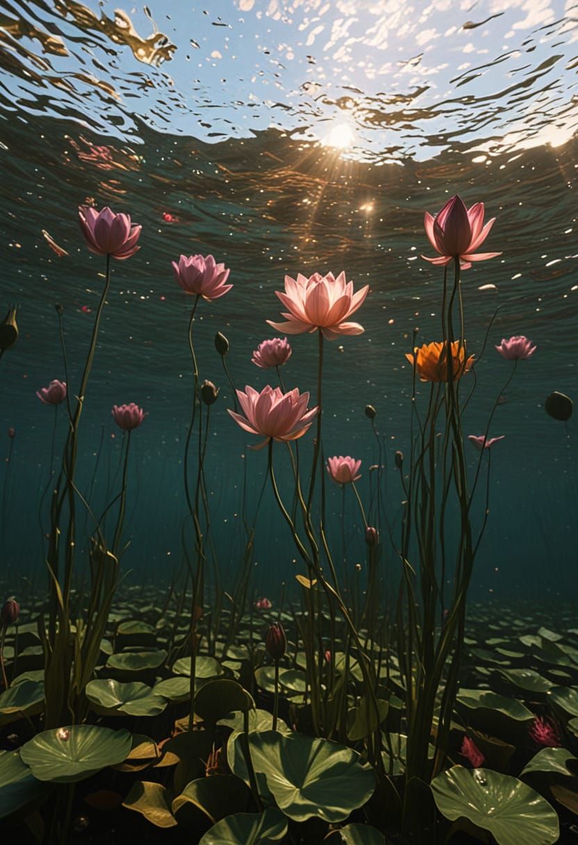 Surreal Lotus Bloom in Soft Blue Water with Ethereal Glow