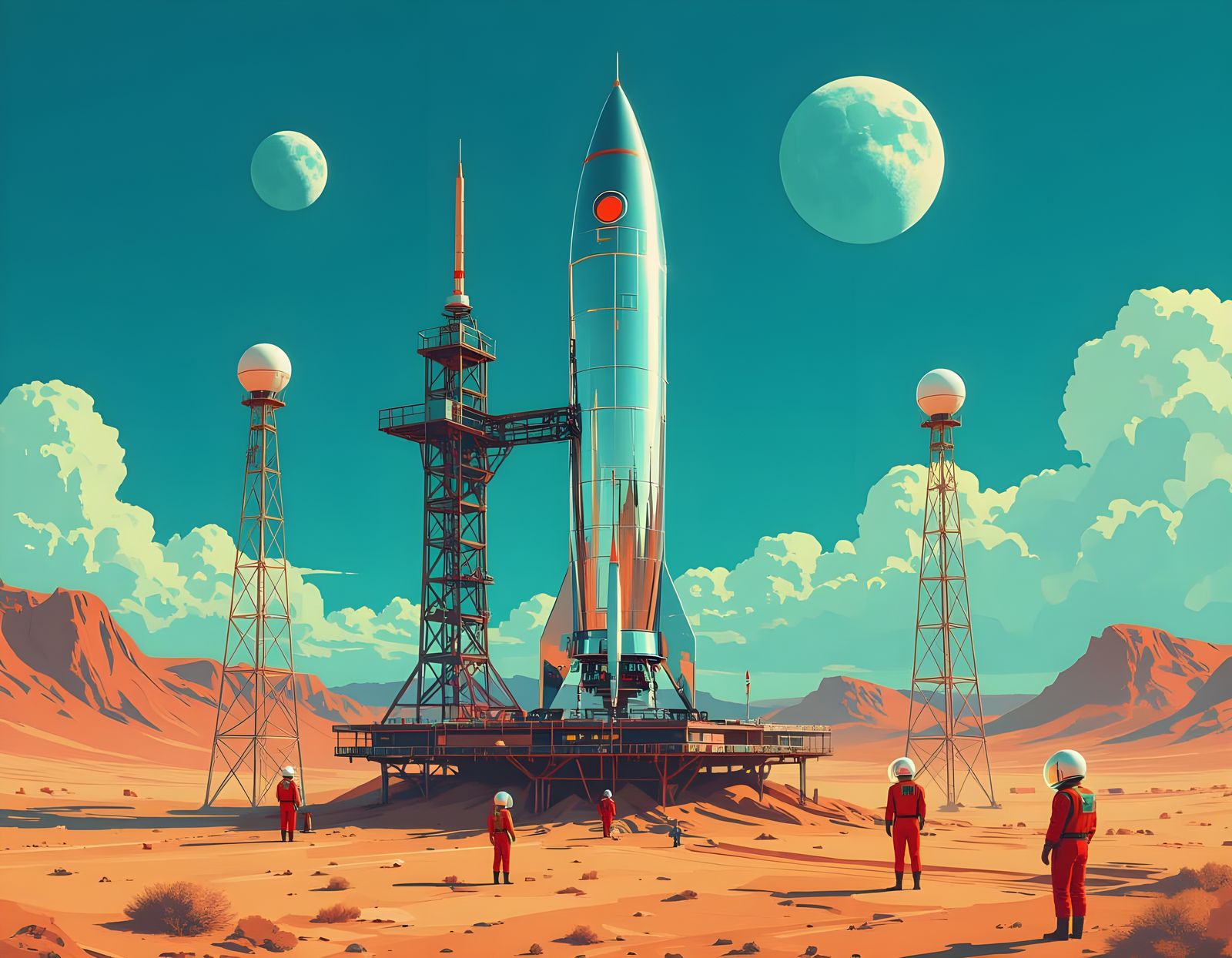 Retro-Futuristic Rocket Launch in Atomic-Age Style
