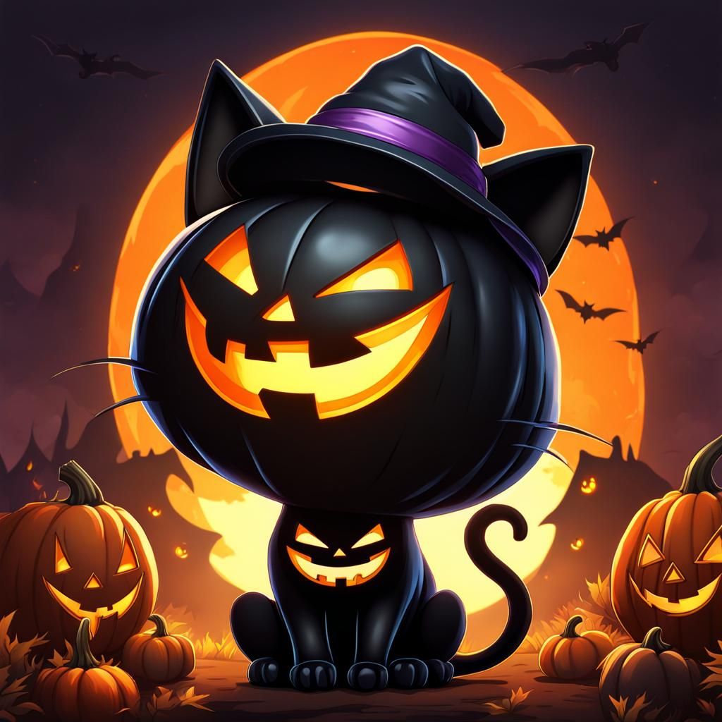 Chibi Cat Puppy in Jack O'Lantern, Digital Art