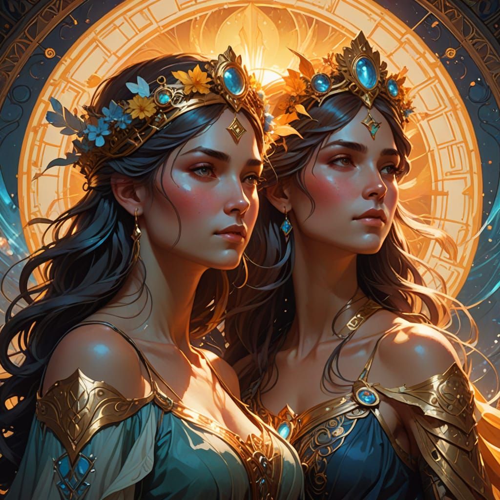 Surreal Goddesses Unite in Harmony, Radiant with Divine Ligh...