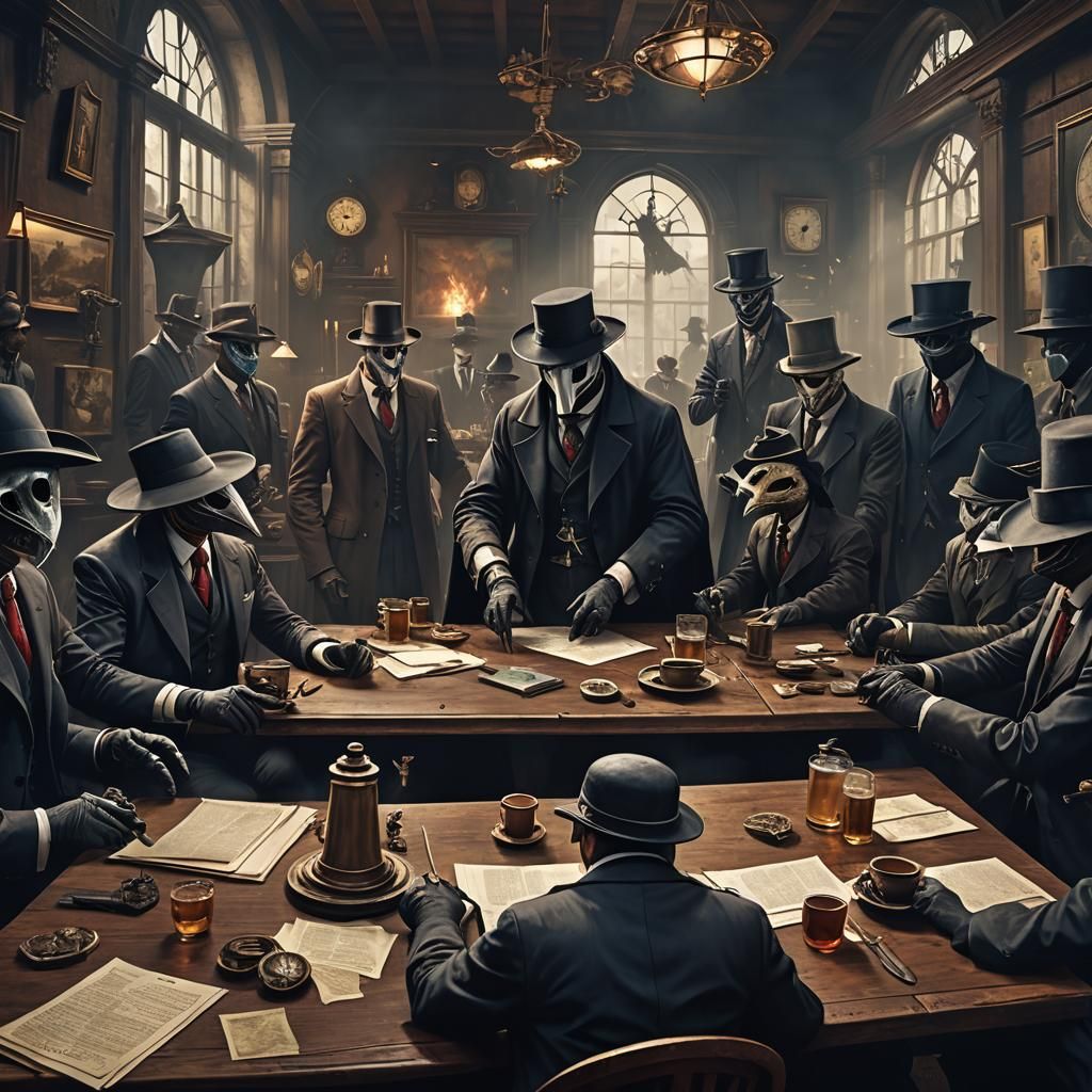 Ominous Business Meeting with Plague Doctors
