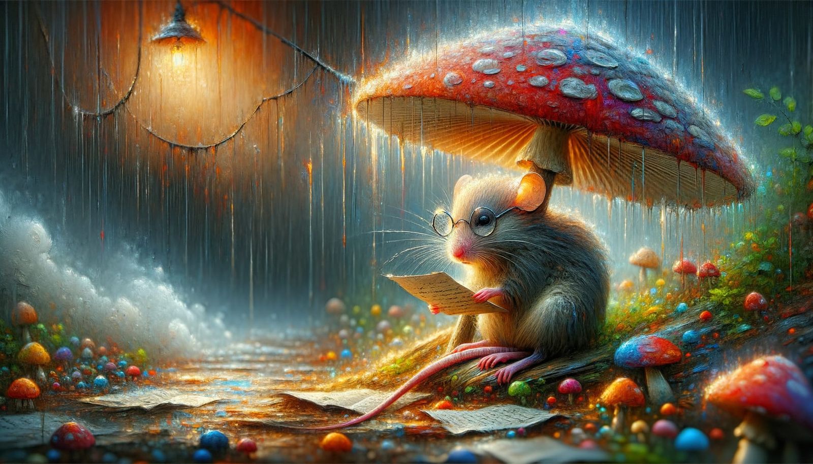 Mouse Reading Letter Under Mushroom, Impressionistic Style