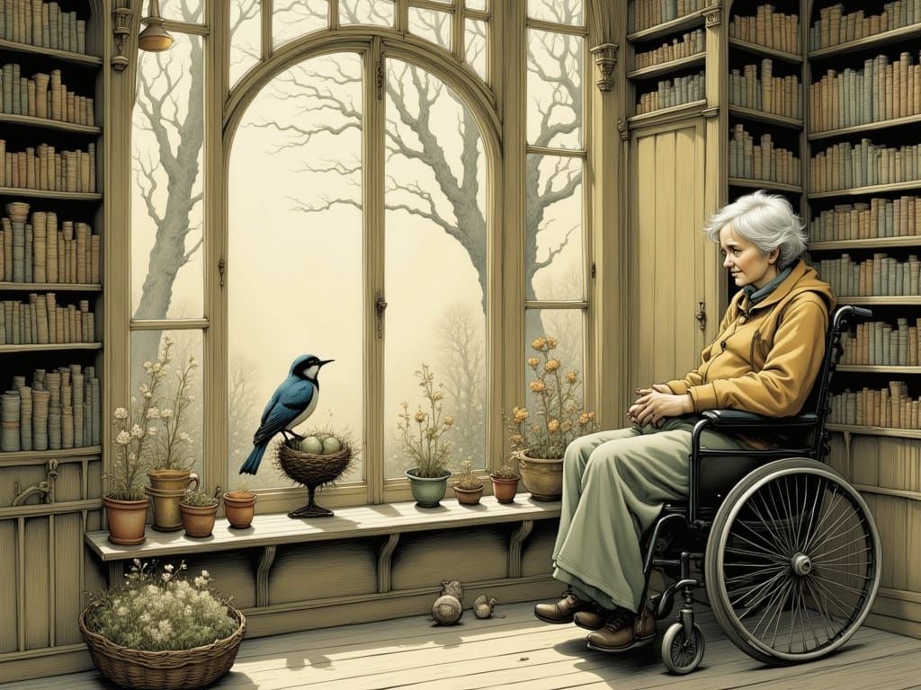 Ethereal Moment: Old Woman Watches Bird Feed Young on Window...