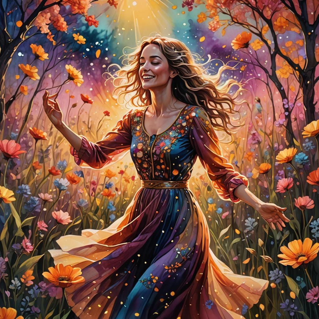 Happy Woman Dancing in Surreal Floral Landscape
