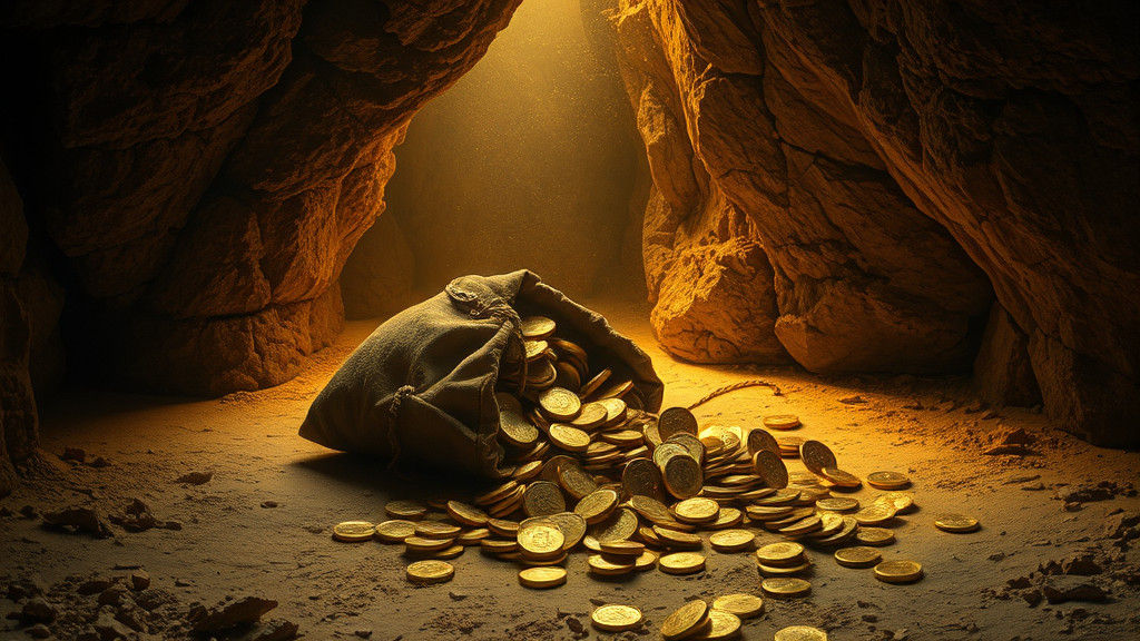Gold Coins Spill in Dimly Lit Cave