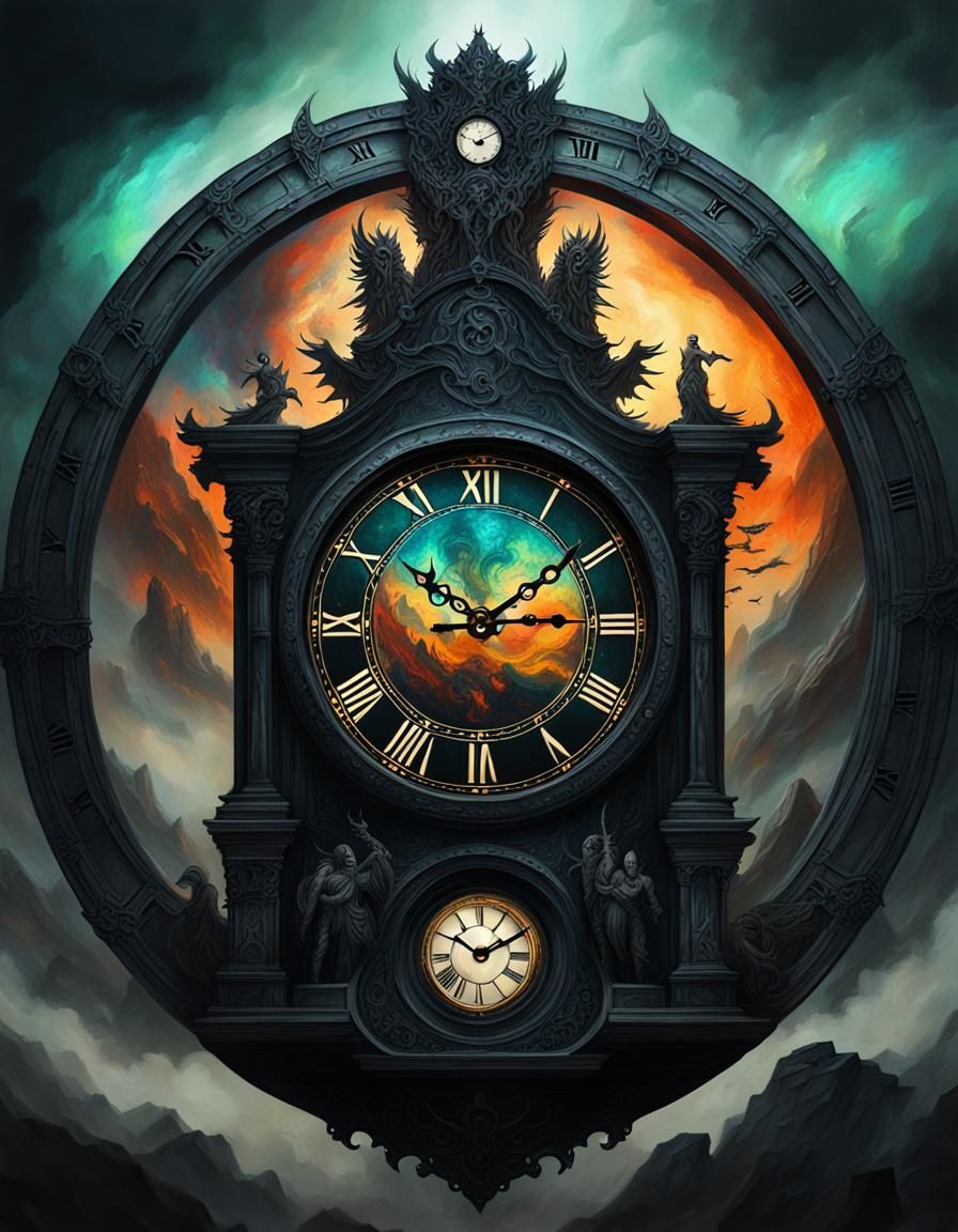 Apocalyptic Art Nouveau Clock in Dark Fantasy Style