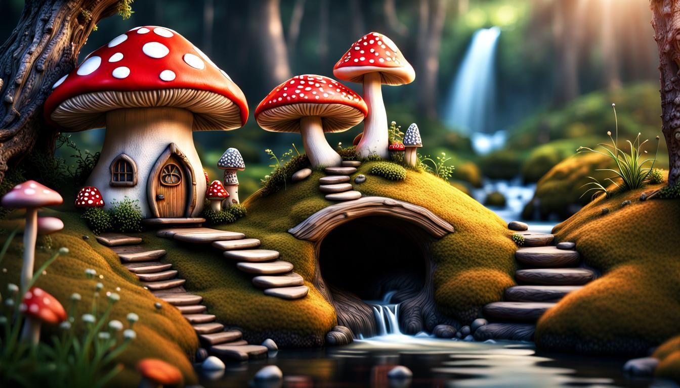 Hyperrealistic Fairy Village with Toadstool Homes