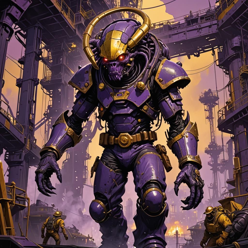 Alien Gold Miner Invades Oil Rig in Dark Fantasy Art