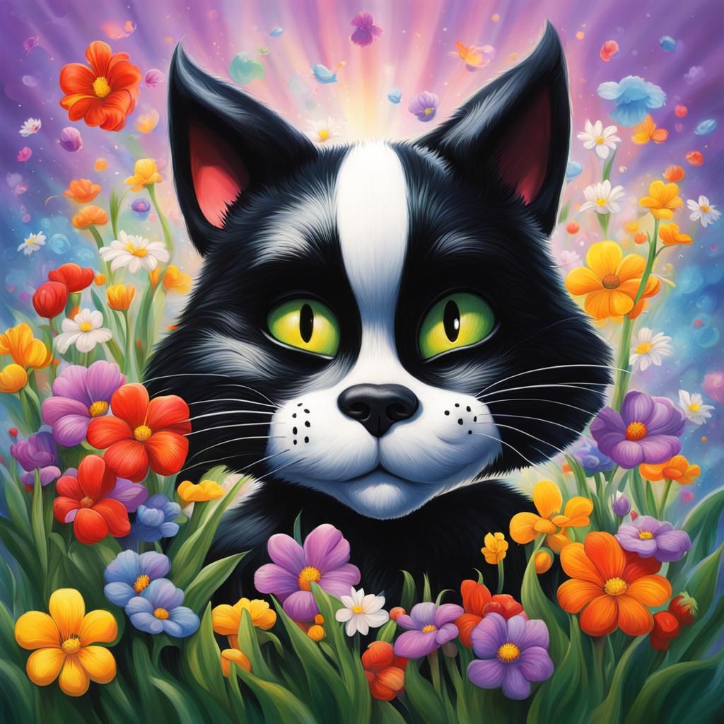 Hyperrealistic Felix the Cat with Spring Flowers