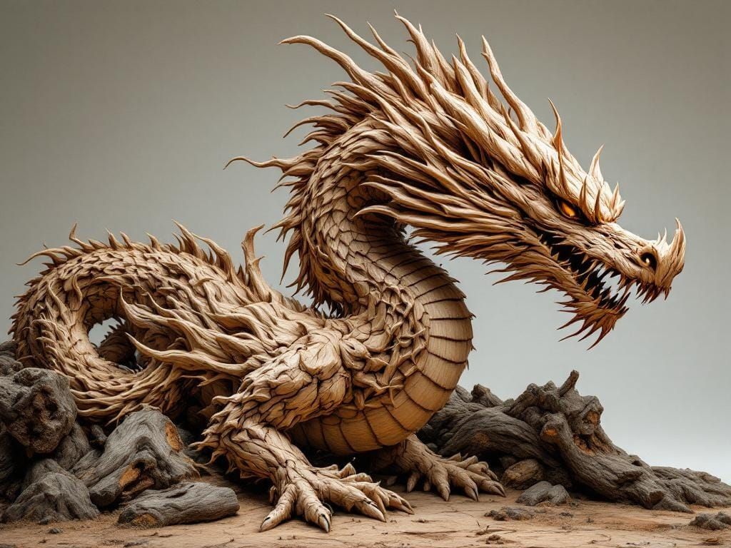 Intricate Wood Dragon Carving in Rustic Style
