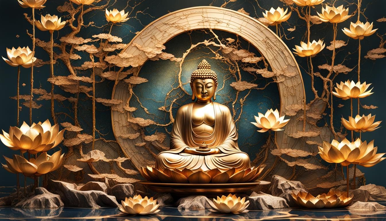 Kintsugi Buddha Sculpture in Japanese Pop Art