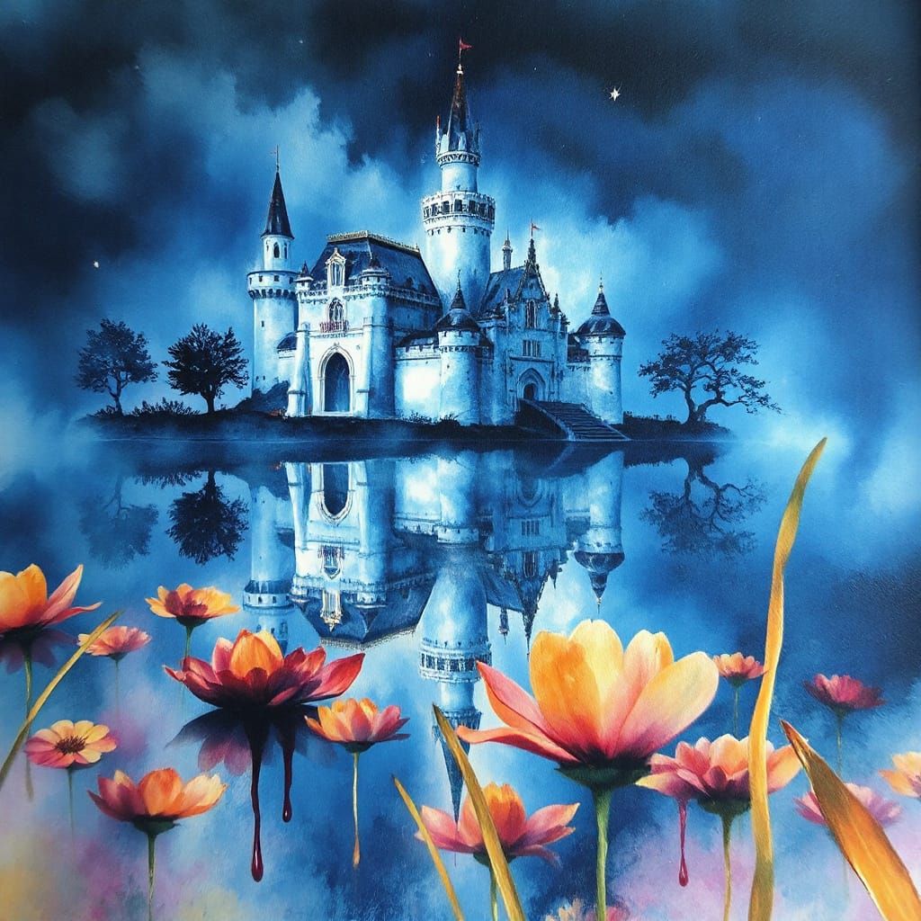 Ethereal Blue Castle Shines on Lake's Surface