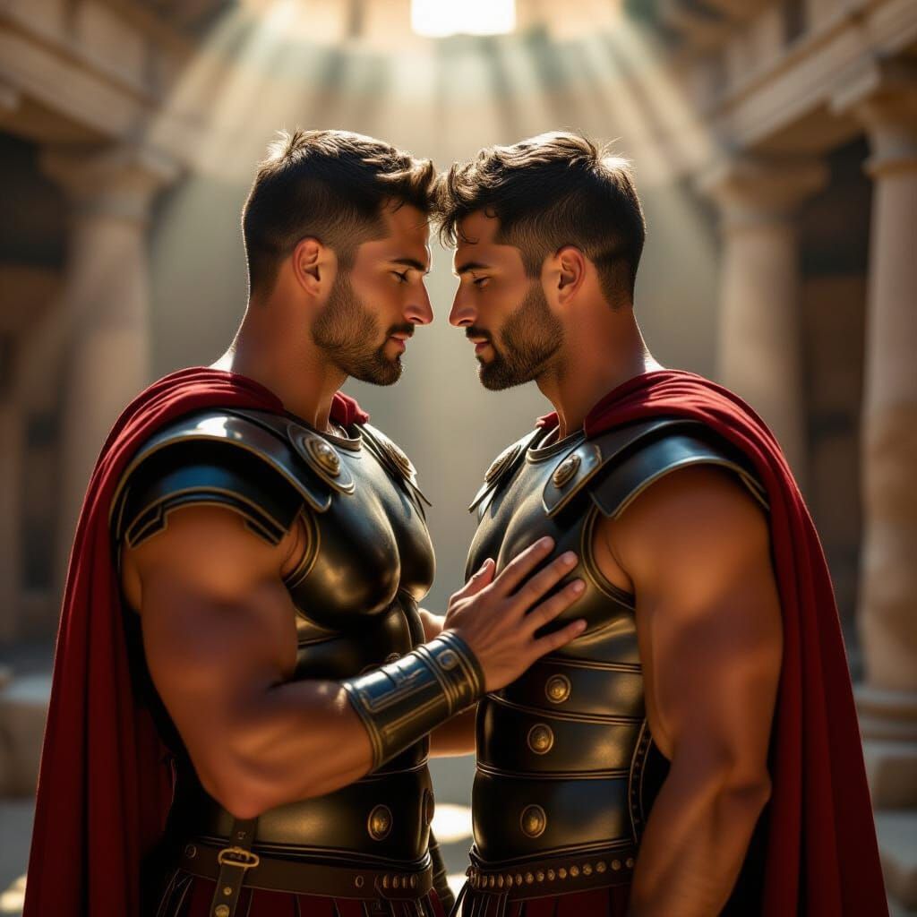 Roman Soldiers Share Tender Moment in Ancient Sunlight