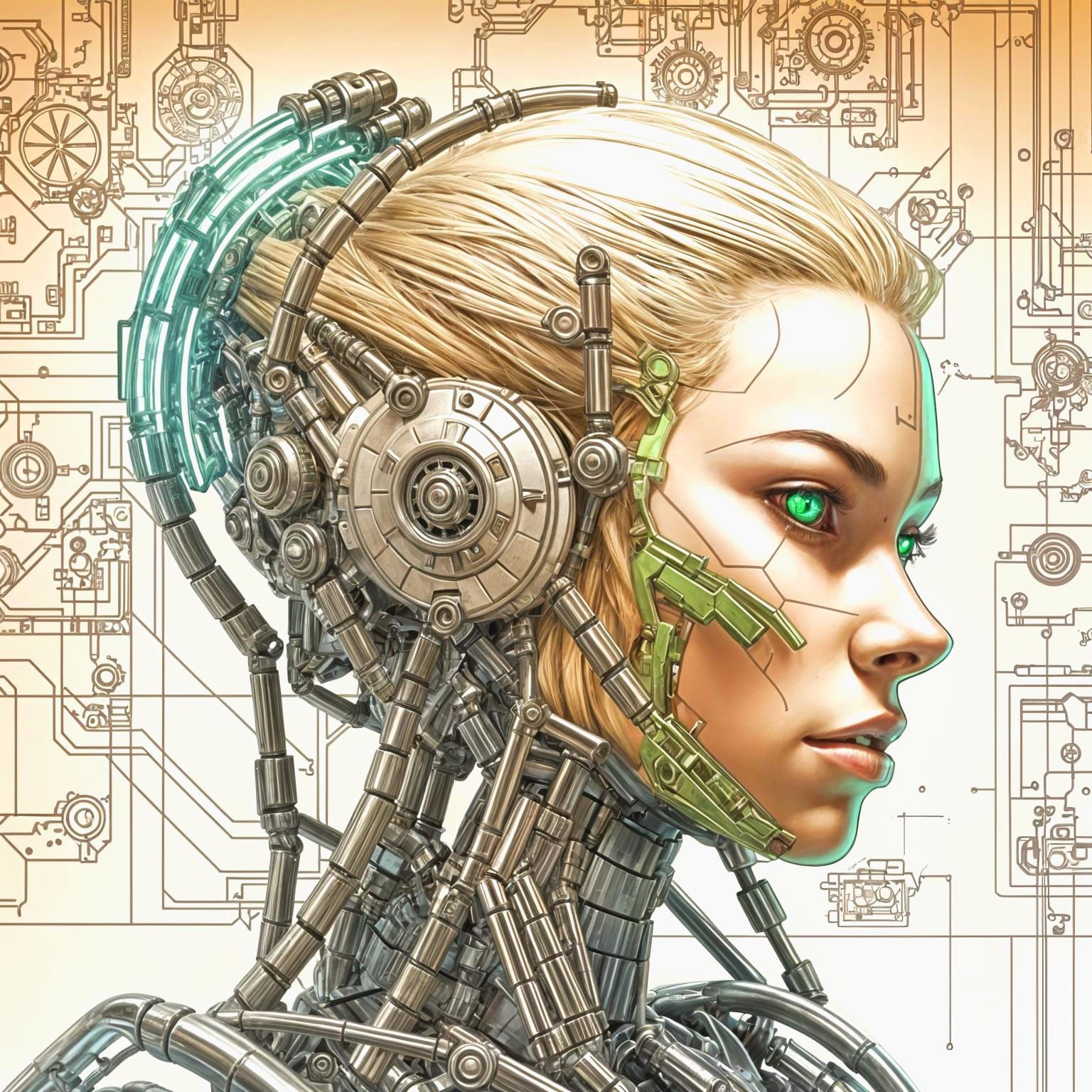 Athletic Blonde Robot in Comic Book Style