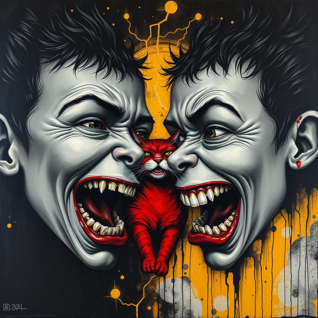 Faces Share Cat in Gothic Surrealist Expressionism