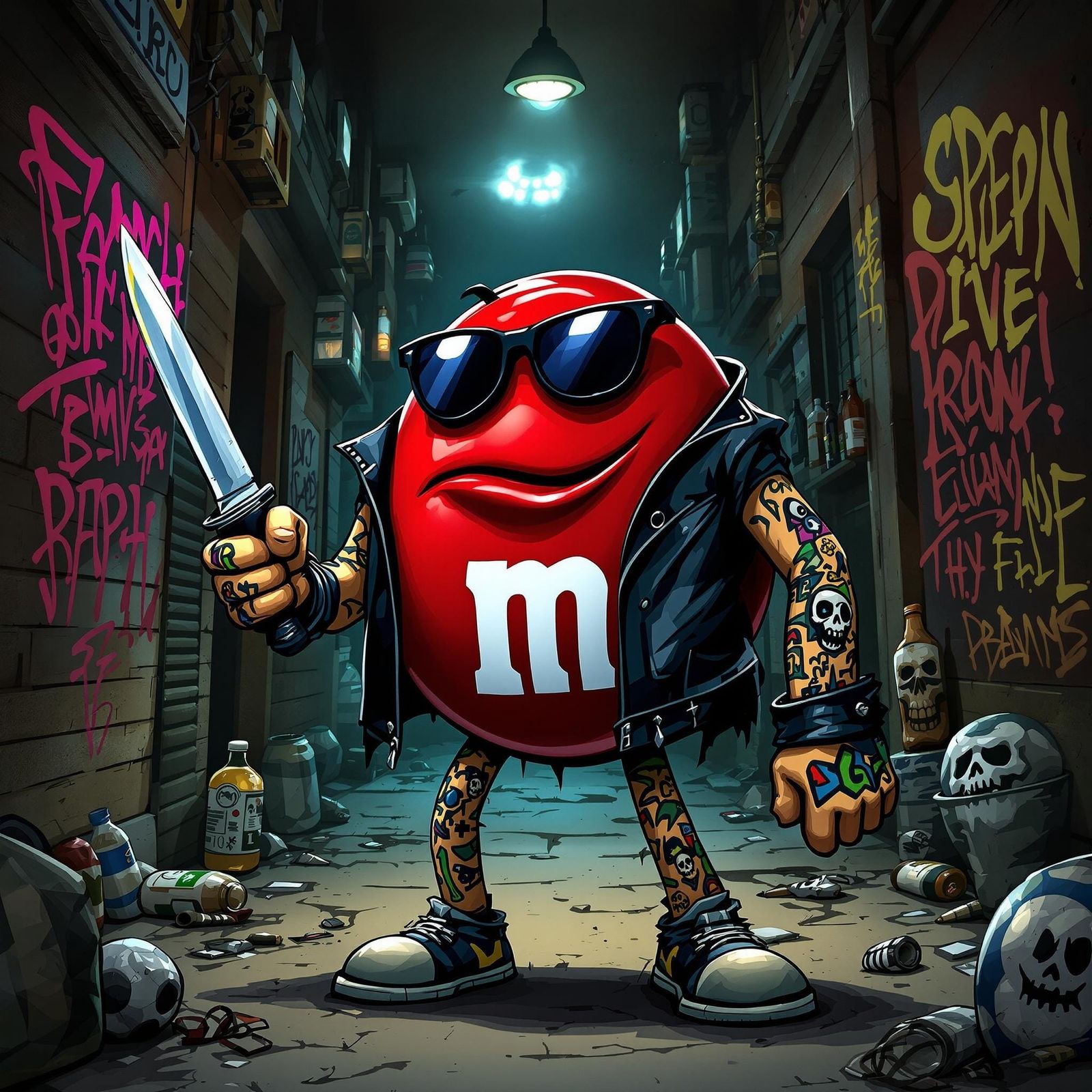 Edgy, Cartoon M&M Villain in Gritty Alleyway