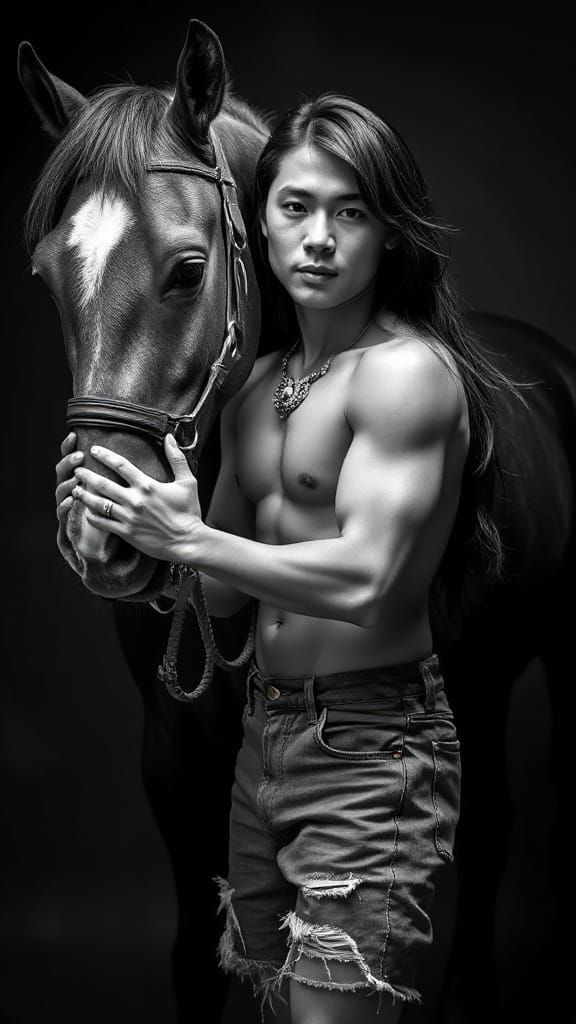 Regal Portrait of Man and Horse in Noir Style