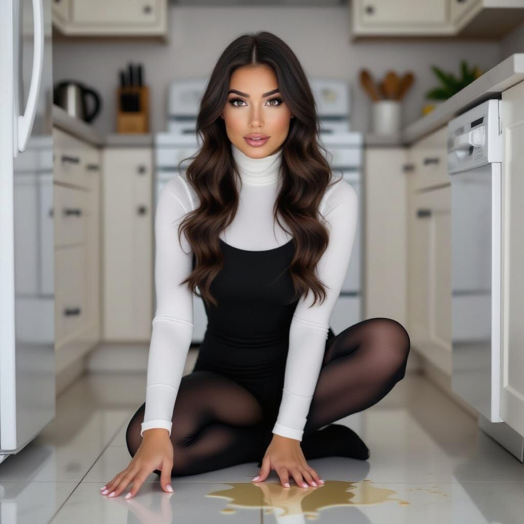 Concerned Woman Squatting on Kitchen Floor
