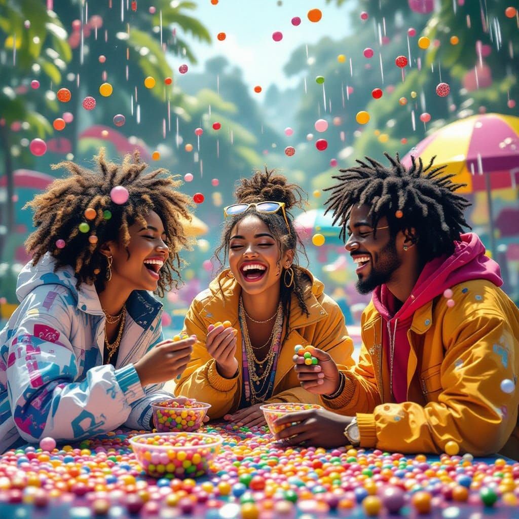 Candy Rain: Vibrant Students in Fantasy Playground