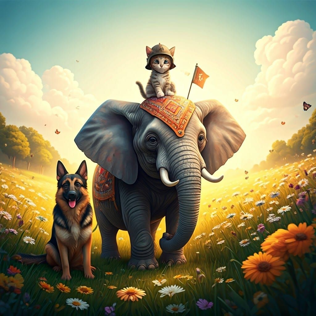Kitten and Elephant Adventure in Cartoon Style