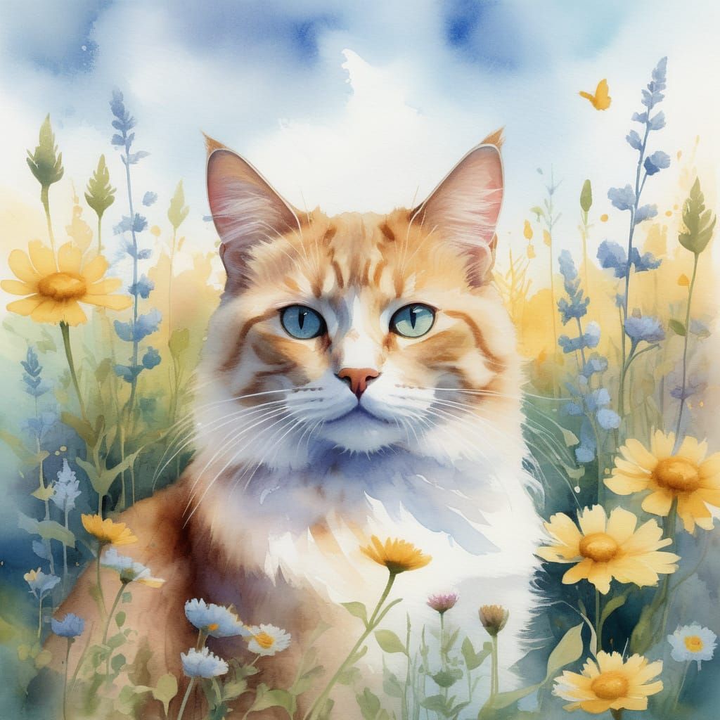 Dreamy Watercolor Cat in a Vibrant Meadow