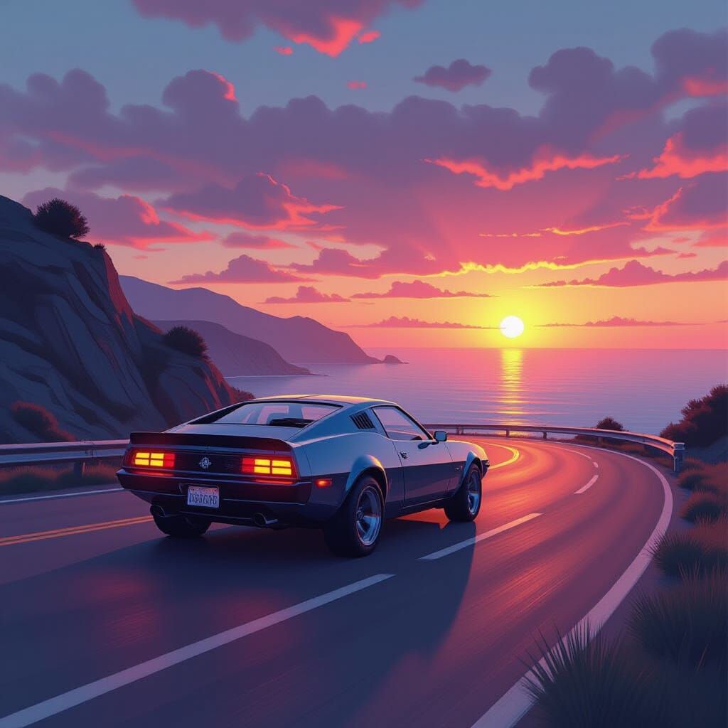 Vintage Car on Coastal Road, Retro-Futuristic Illustration