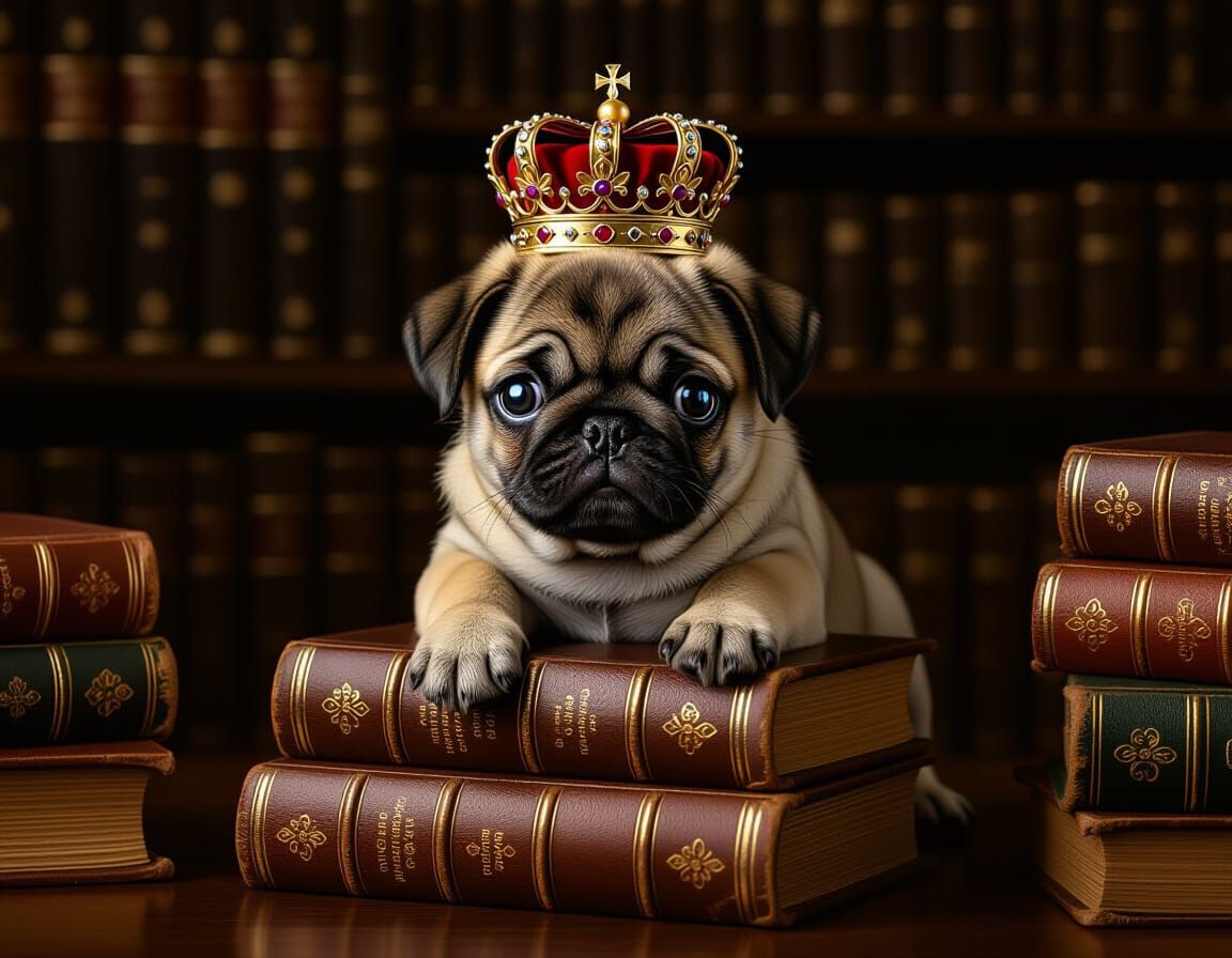Whimsical Pug Puppy Royal Portrait in Library