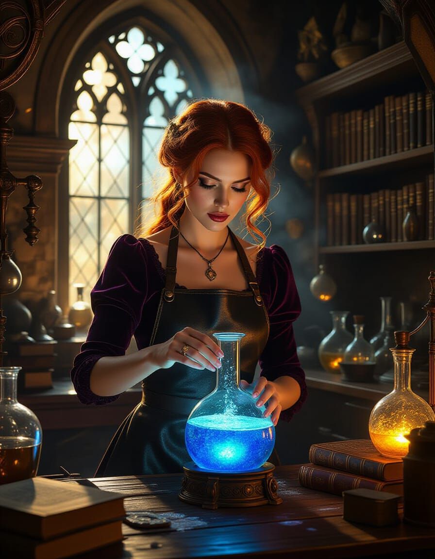 Alchemist Woman Concocting Shimmering Potion in Lab