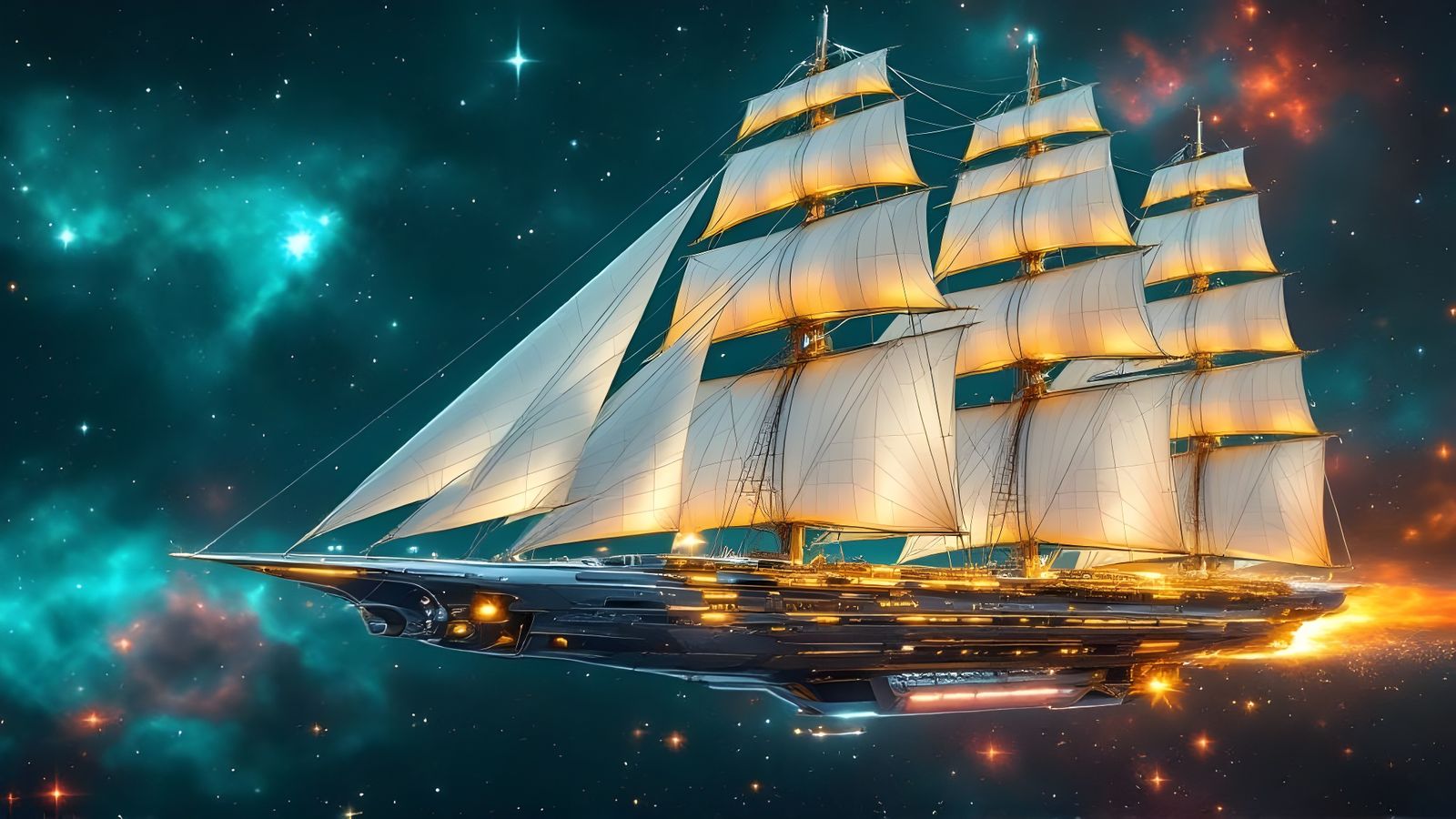 Sailing Starship Against Teal Nebula Backdrop
