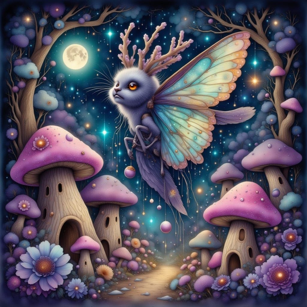 Whimsical Luna Moth in Miniature Mushroom Village