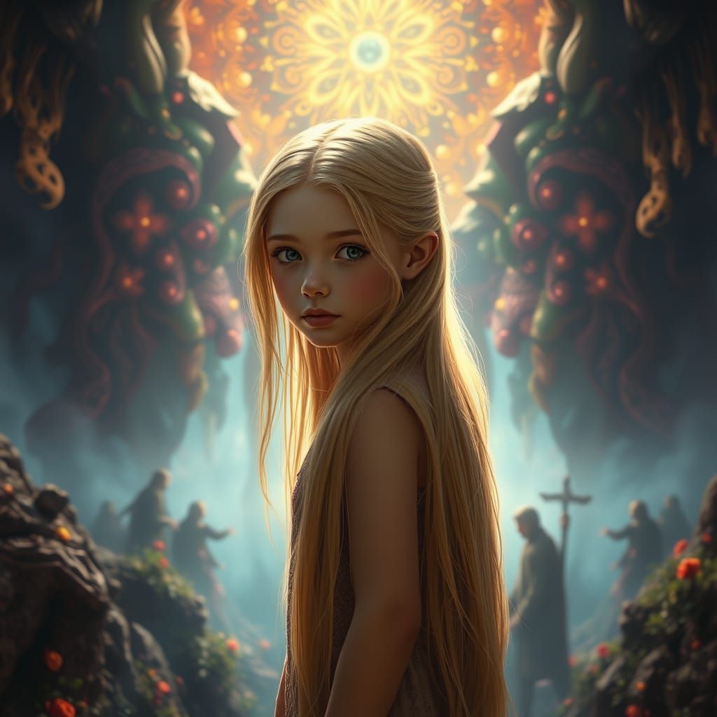 Young Blonde Girl Captivates in a Vibrant Fantasy Realm