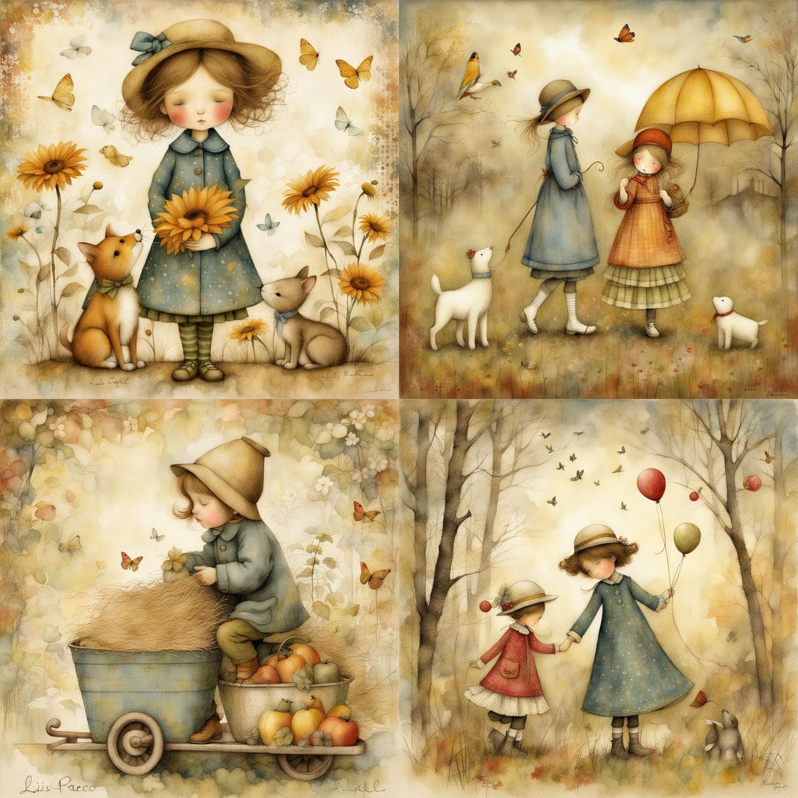 Children's Meadow Illustration in Vintage Style