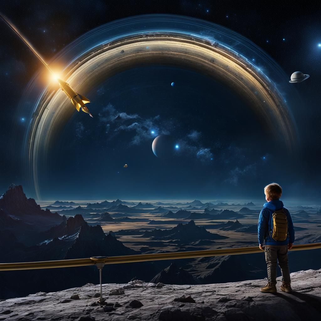 Boy Astronaut Watches Rocket Fly Past Saturn