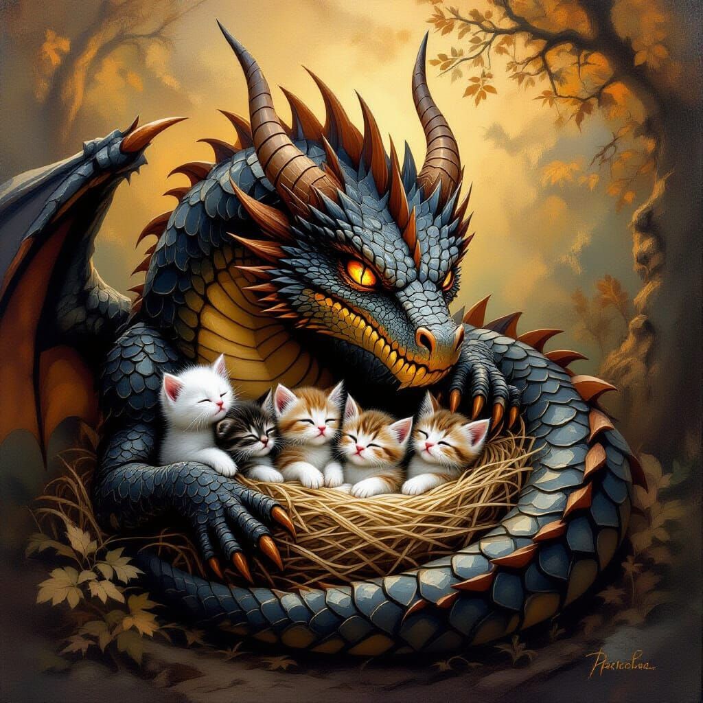 Dragon Protects Kittens: A Classical Oil Painting