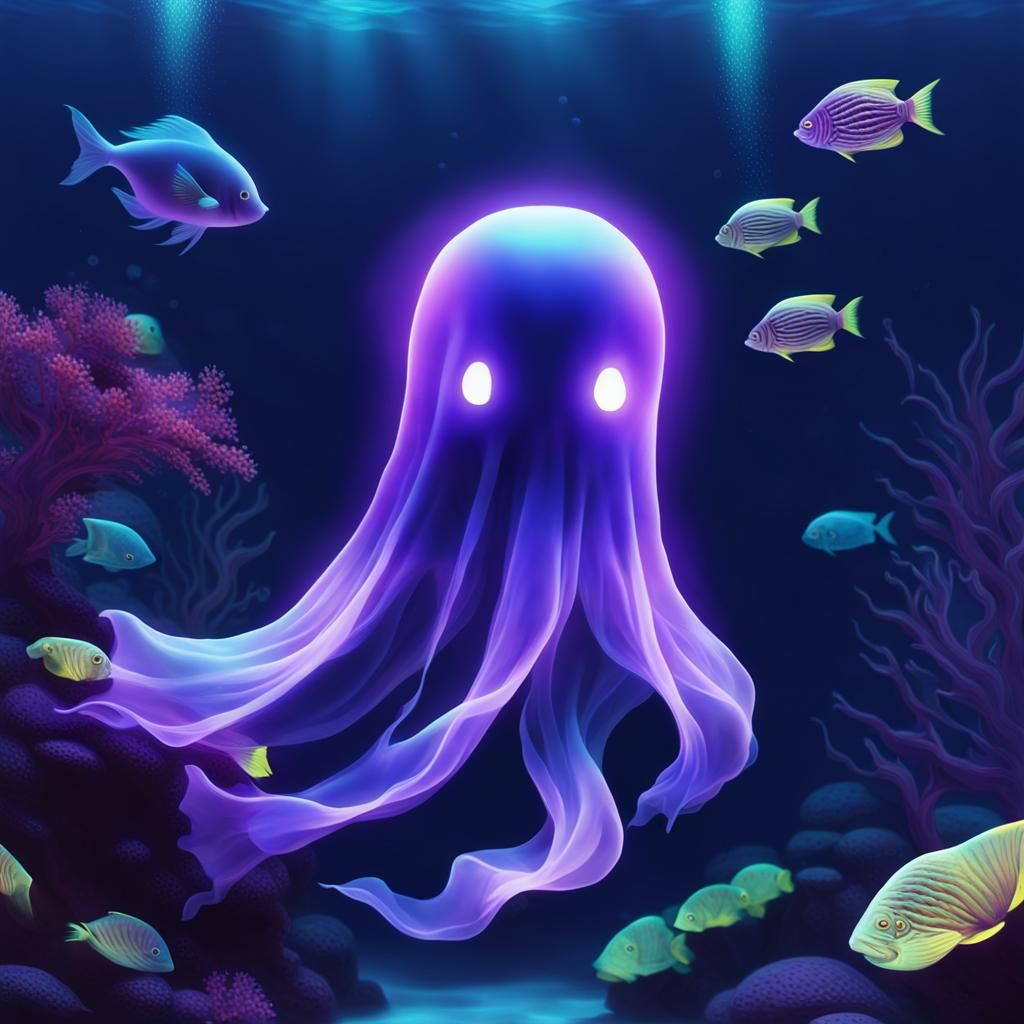 Glowing Purple Ghost with Tropical Fish