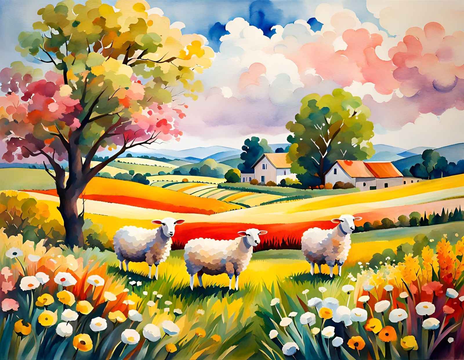 Farm Life Landscape in Gouache Style