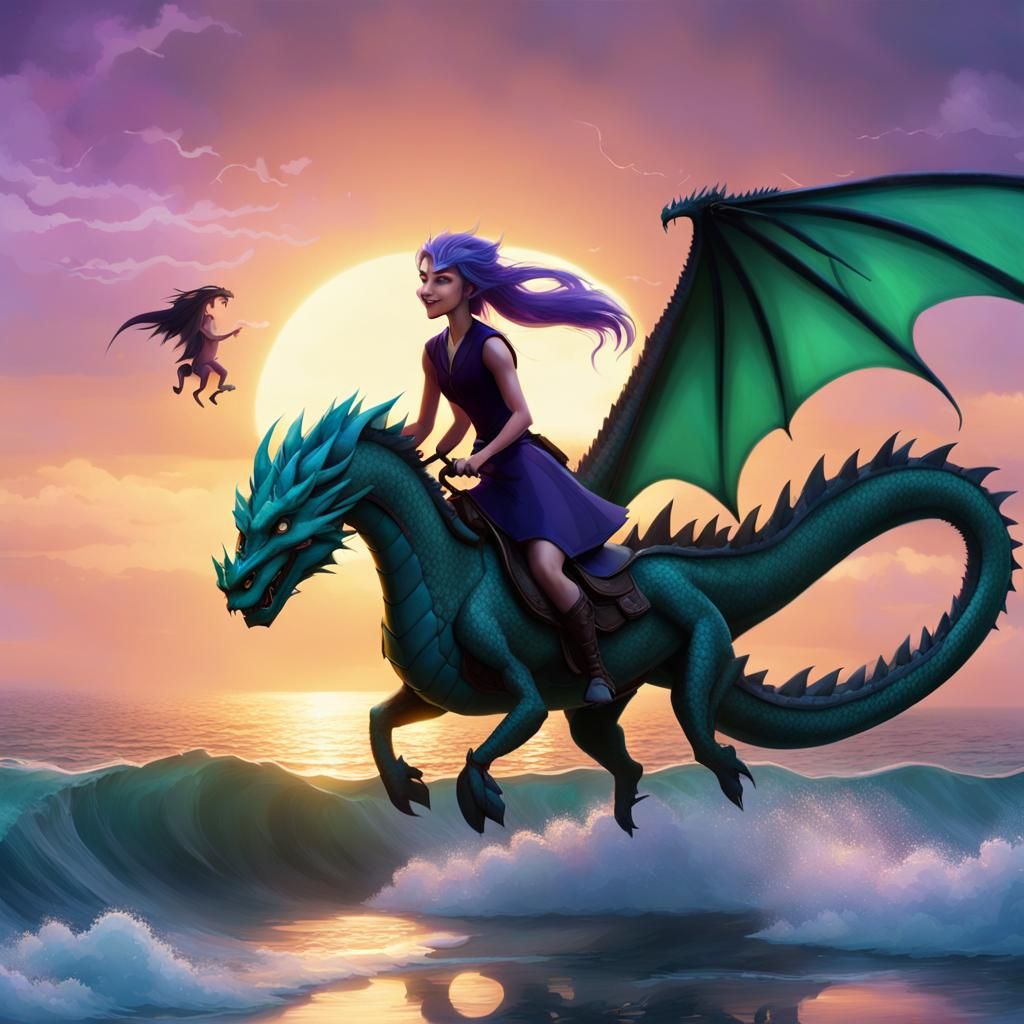 Girl on Black Dragon Flying Above Ocean