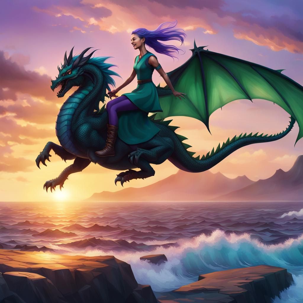 Girl Riding Black Dragon at Sunset, Cinematic Style