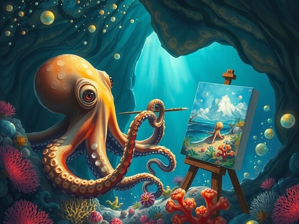 Octopus Artist Paints Seascape in Glowing Grotto
