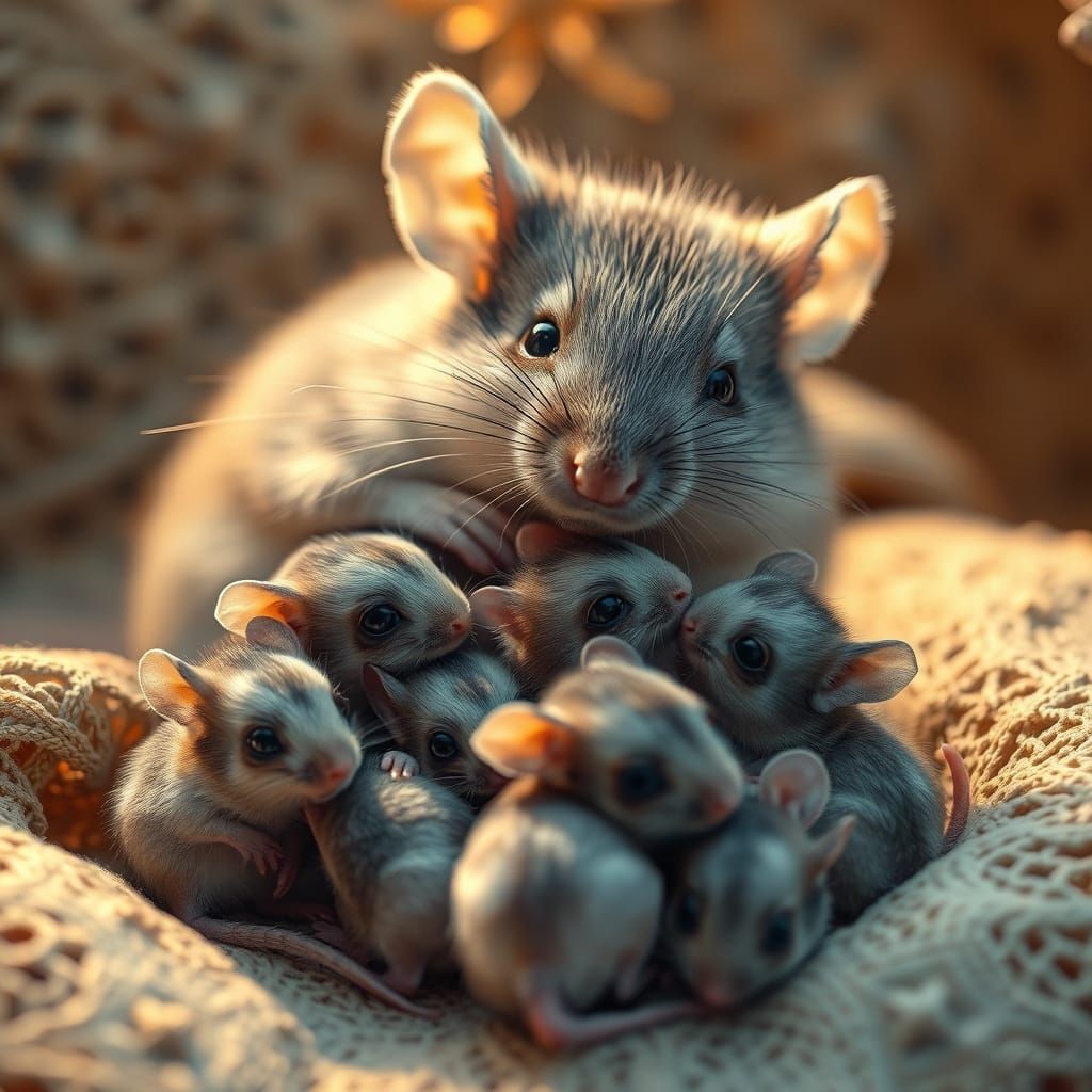 Gentle Mother Mouse with Adorable Baby Mice