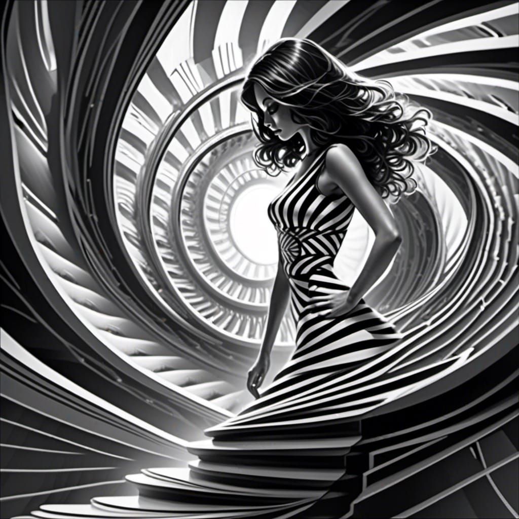 Fibonacci Woman in Surreal Grayscale Dreamscape