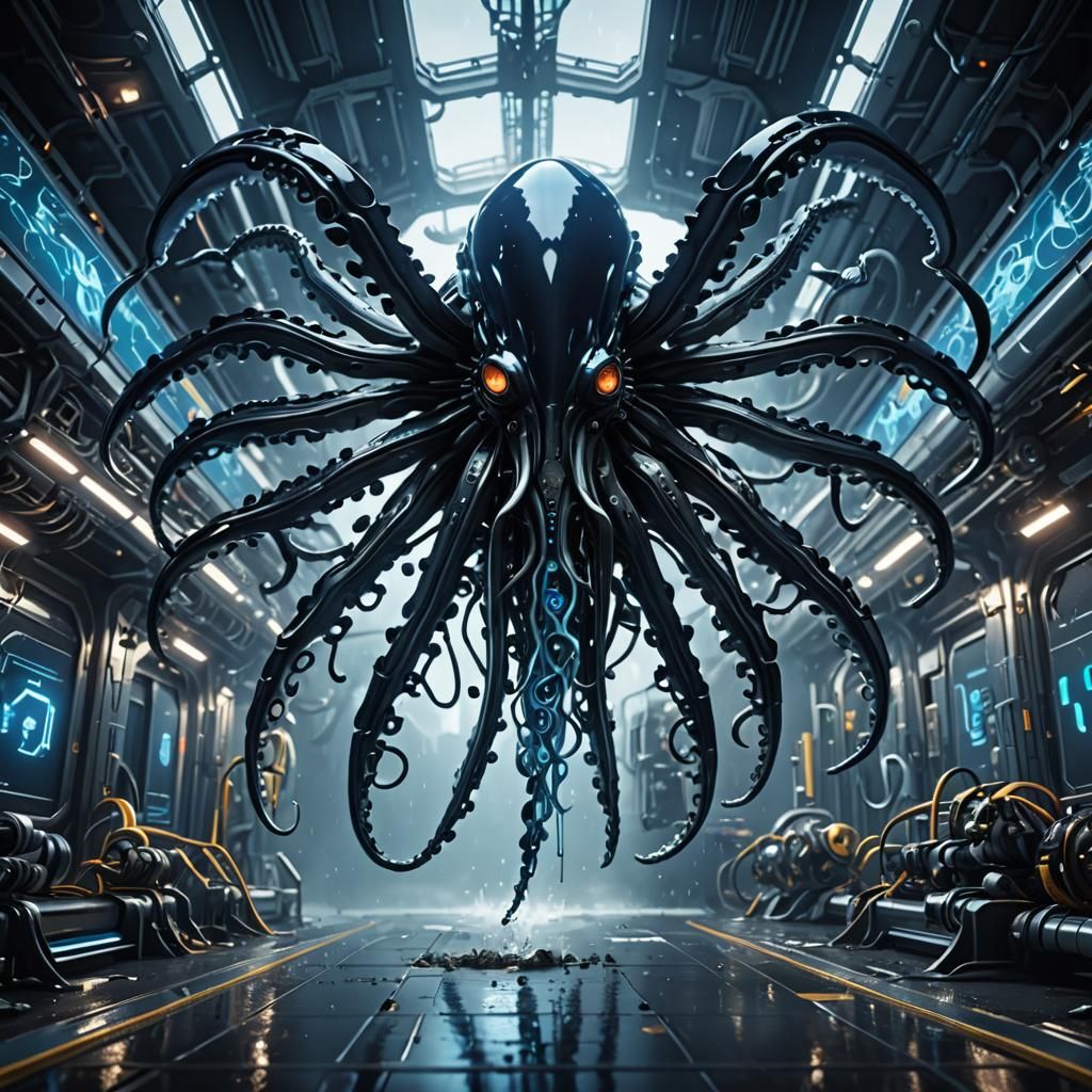 Futuristic Giant Squid Soaring: Sci-Fi Art