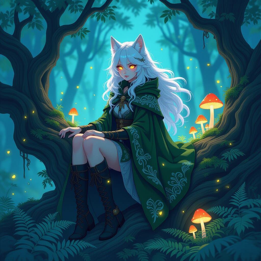 Wolf Girl in Twilight Forest, Manga-Inspired Art