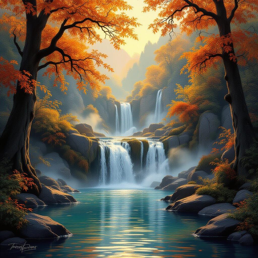 Autumn Rivendell Waterfall Amidst Golden Foliage