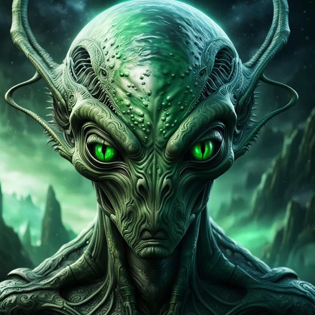 alien creature with dark green eyes